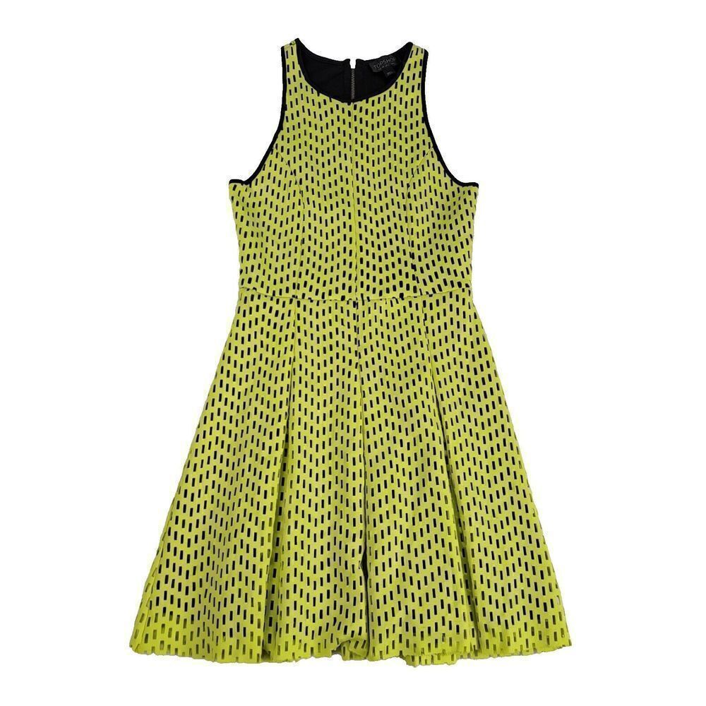 Topshop Dress Women 2 Mini Flare Skater Green Black Mesh Sleeveless